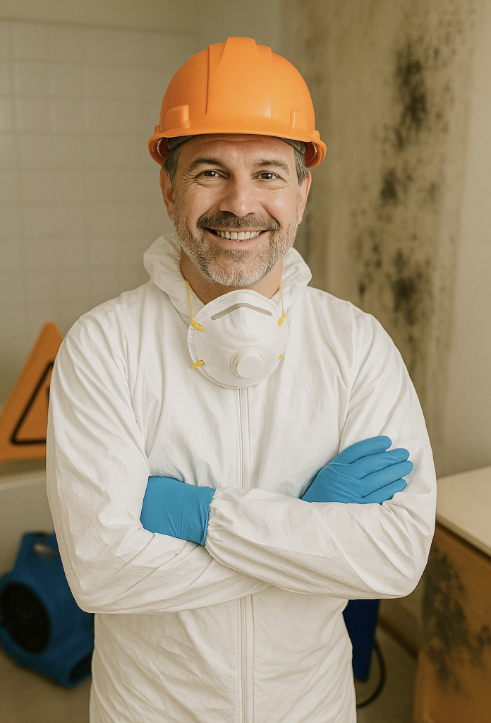 Smiling mold removal professional wearing a white protective suit, orange hard hat, and blue gloves stands confidently with arms crossed inside a bathroom showing visible mold damage on the wall. Equipment and a caution sign are visible in the background, suggesting an active remediation site in Oklahoma City.