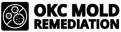 Black and white logo for Oklahoma Mold Remediation featuring three stylized mold spores inside a circle with a diagonal line crossing through, symbolizing mold prevention. The company name appears in bold, uppercase text to the right of the icon.
