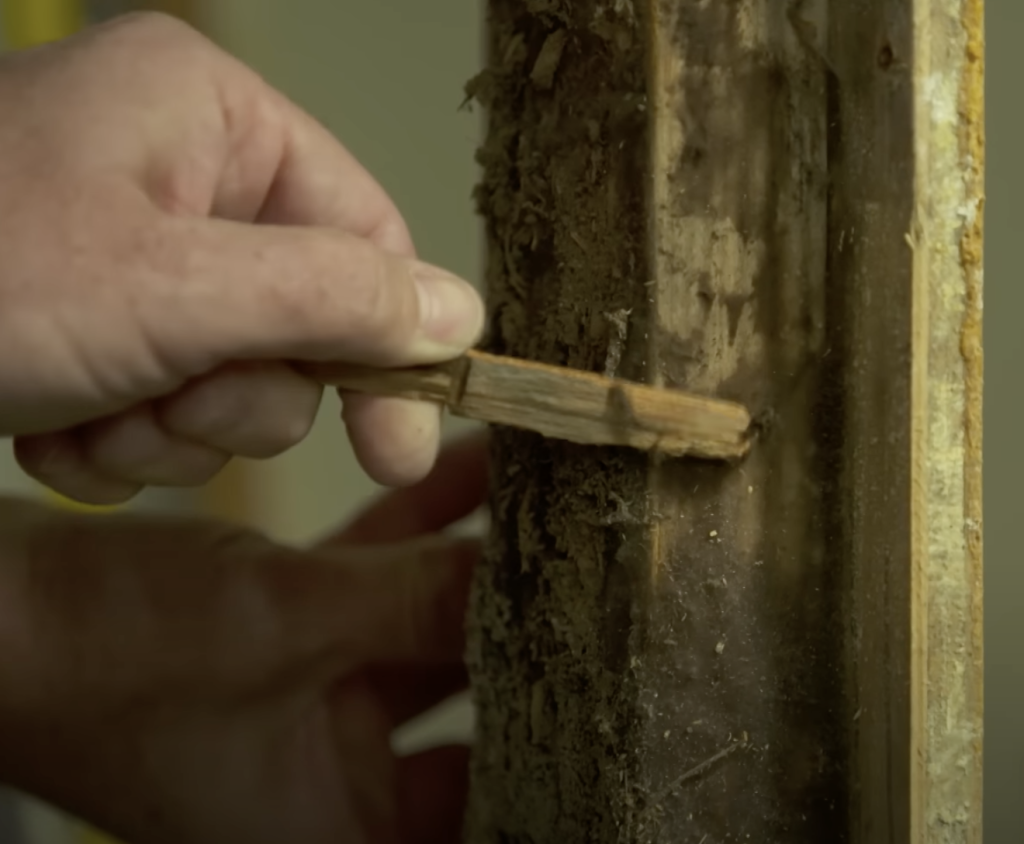 Close-up of a hand scraping thick black mold from a wooden structural beam using a small wooden tool. The surface shows heavy mold buildup, indicating significant moisture damage.