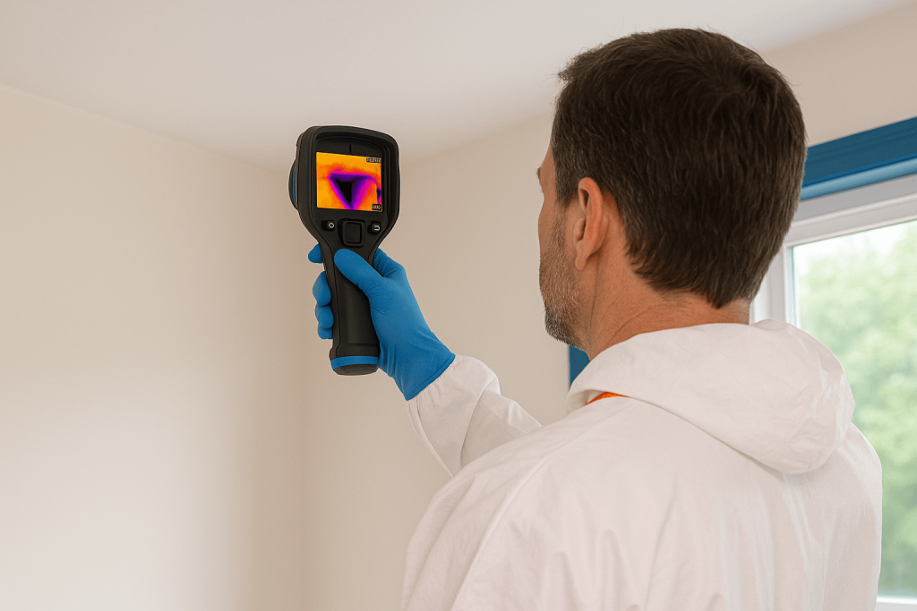 Mold inspection specialist wearing protective clothing and blue gloves scans a wall corner with a thermal imaging camera. The camera display shows a purple and yellow heat signature indicating possible hidden moisture or mold behind the surface.