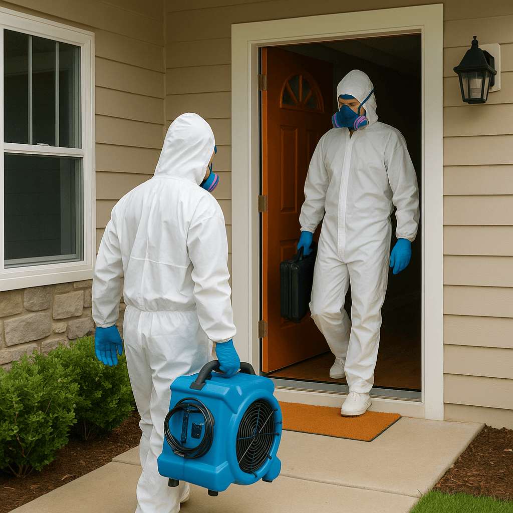 Two mold remediation workers in full protective suits and respirators prepare to enter a home. One carries a blue air scrubber while the other holds a black equipment case, standing at the front door of a beige house with an orange door.